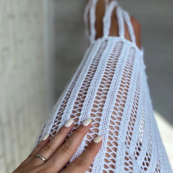 New White Chrochet Cover Up Dress with Fringe - Picture 5 of 7